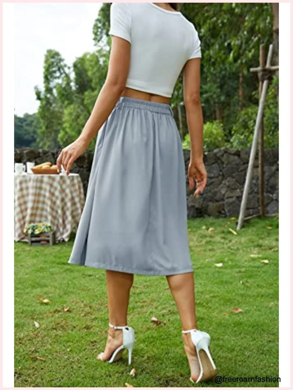 Pleated A-line Midi Skirt Elastic Waist Button Front Casual Flared Long Skirts